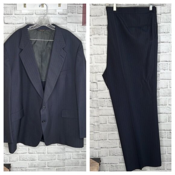 LaCrosse Mens Navy Blue Pinstriped Poly Silk Suit Jacket & Pants 54L